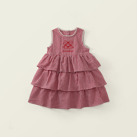 Girls' Red Gingham Tiered Ruffle Dress with Bow Embroidery -K6126156