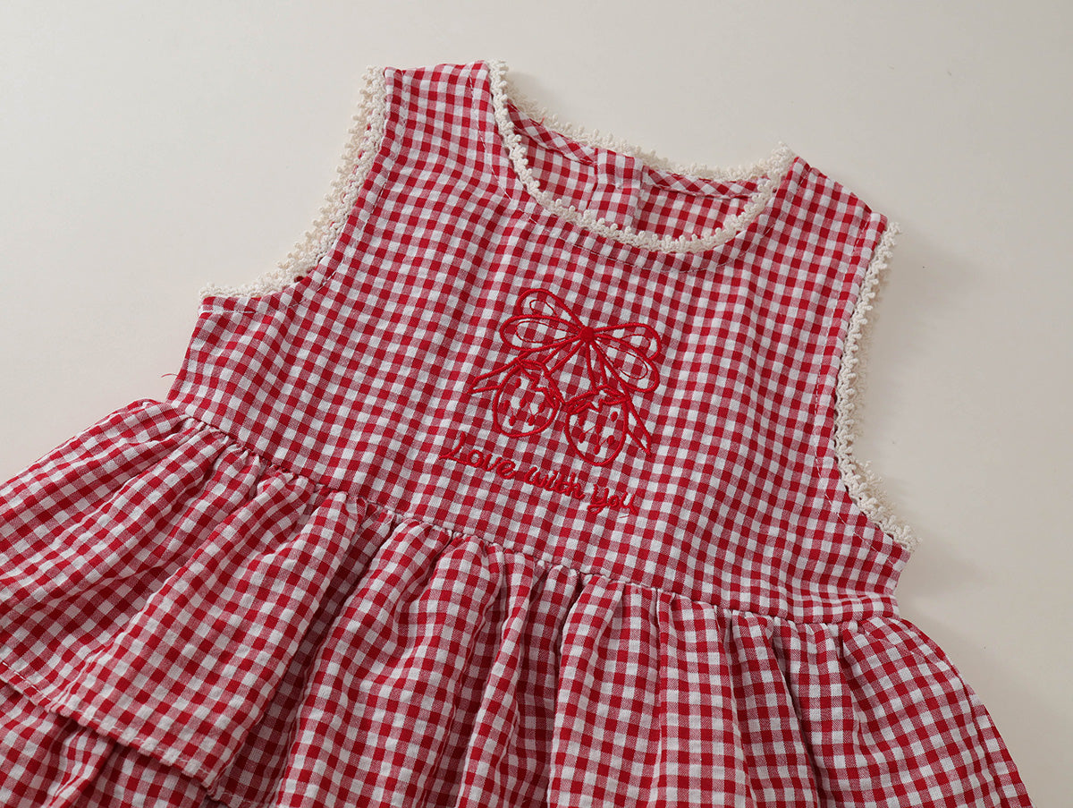 Girls' Red Gingham Tiered Ruffle Dress with Bow Embroidery -K6126156