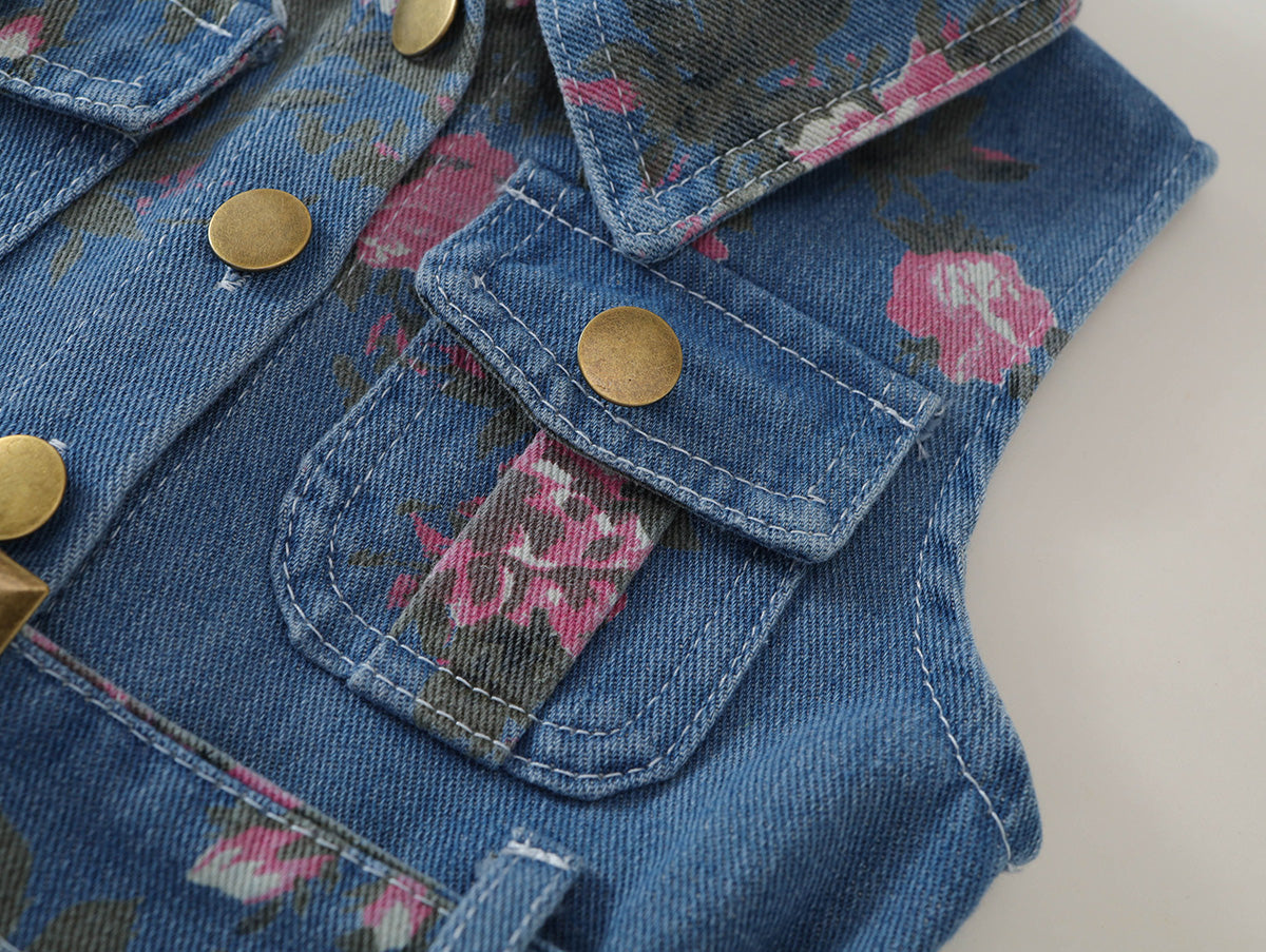 Toddler Girl Floral Denim Sleeveless Dress with Belt -K6136074