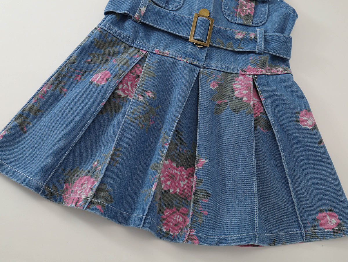 Toddler Girl Floral Denim Sleeveless Dress with Belt -K6136074