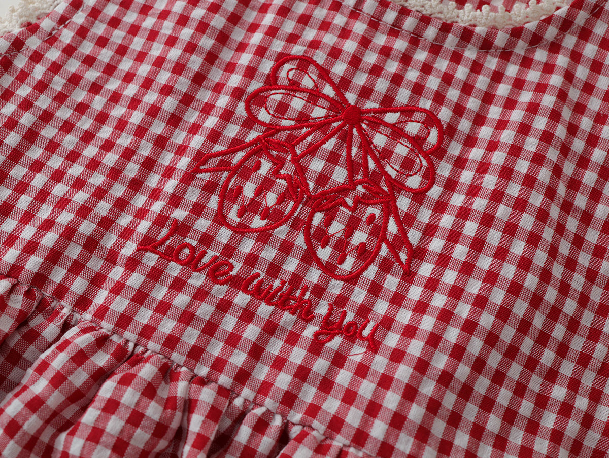 Girls' Red Gingham Tiered Ruffle Dress with Bow Embroidery -K6126156