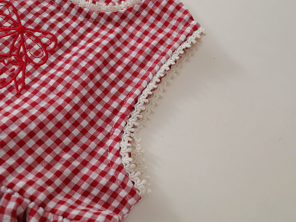 Girls' Red Gingham Tiered Ruffle Dress with Bow Embroidery -K6126156
