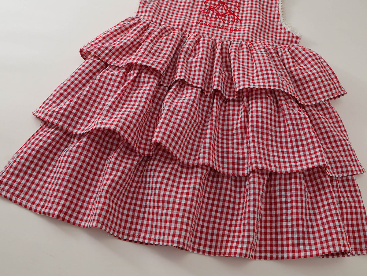 Girls' Red Gingham Tiered Ruffle Dress with Bow Embroidery -K6126156