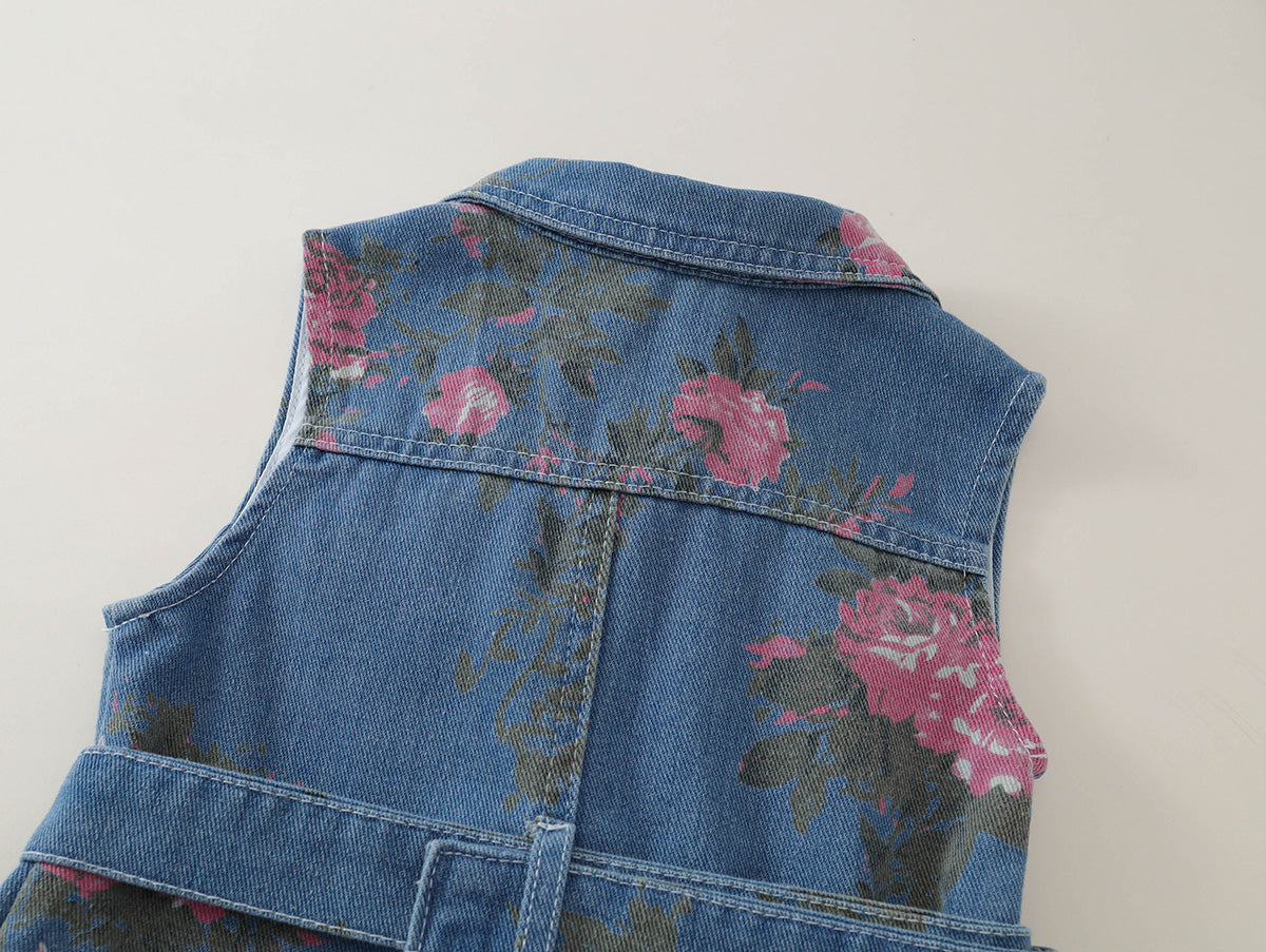 Toddler Girl Floral Denim Sleeveless Dress with Belt -K6136074