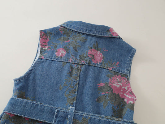 Toddler Girl Floral Denim Sleeveless Dress with Belt -K6136074