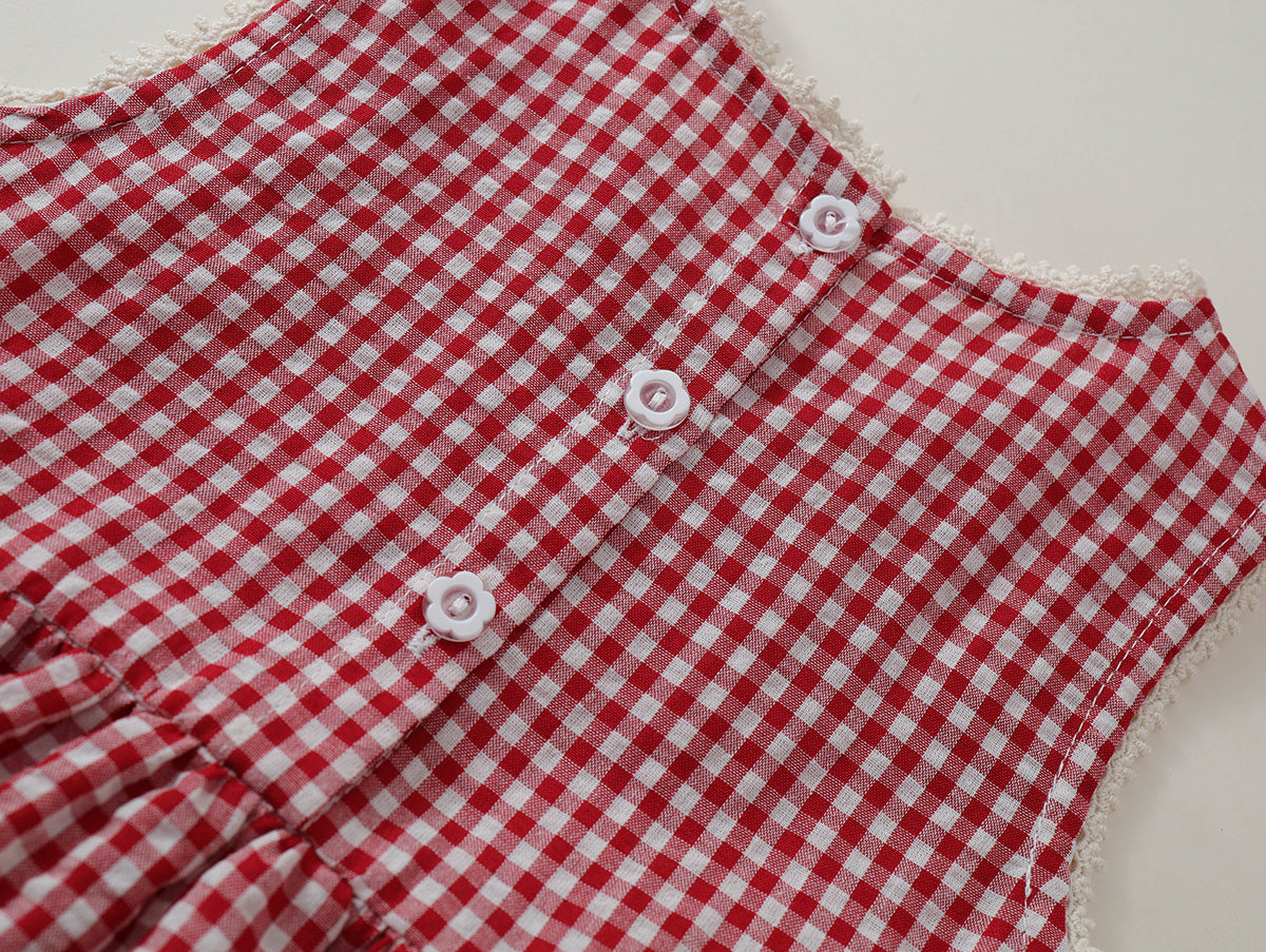Girls' Red Gingham Tiered Ruffle Dress with Bow Embroidery -K6126156