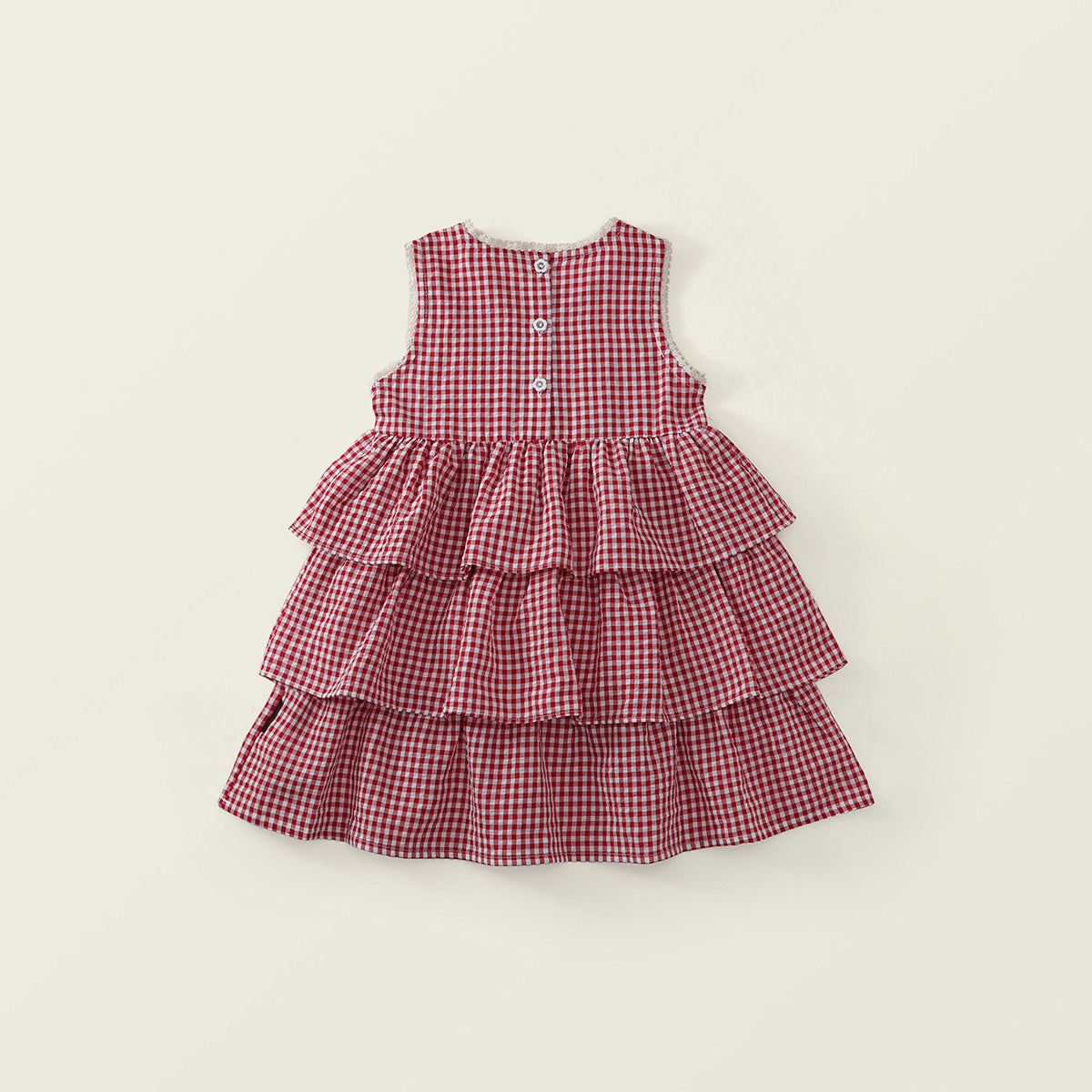 Girls' Red Gingham Tiered Ruffle Dress with Bow Embroidery -K6126156
