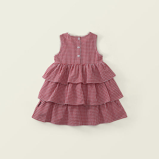 Girls' Red Gingham Tiered Ruffle Dress with Bow Embroidery -K6126156