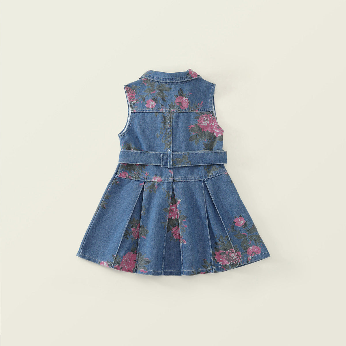 Toddler Girl Floral Denim Sleeveless Dress with Belt -K6136074