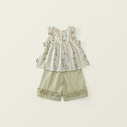 Girls' Embroidered Floral Top & Ruffle Hem Shorts Set-K6126009