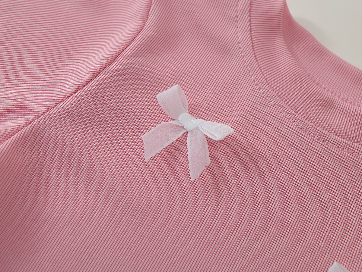 Girls' Pink Bow & Lace Trim T-Shirt and Wide-Leg Pants Set-K6126166