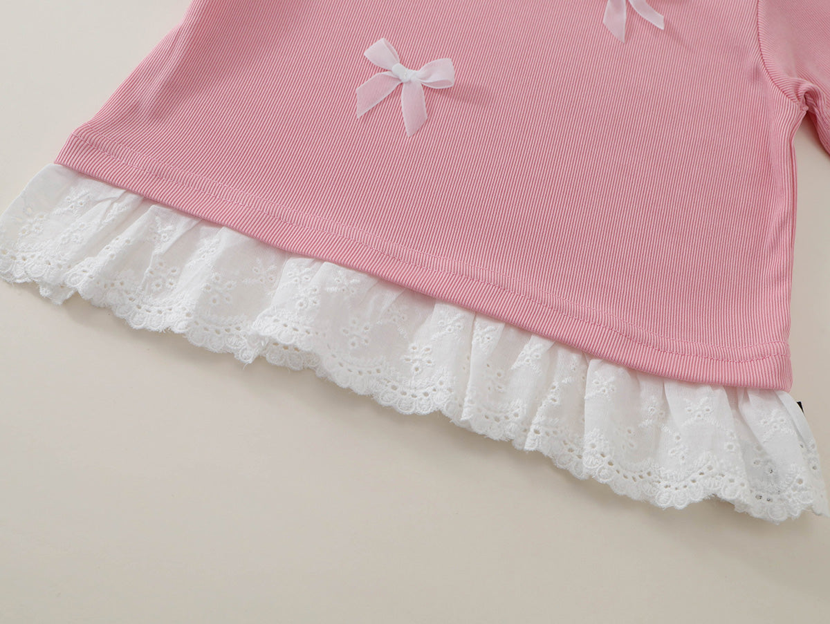 Girls' Pink Bow & Lace Trim T-Shirt and Wide-Leg Pants Set-K6126166