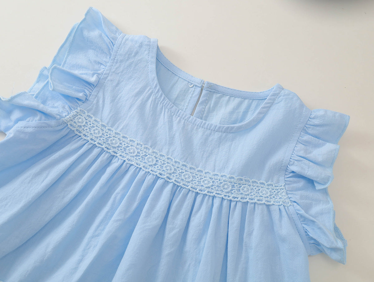 Girls' Blue Ruffle-Sleeve Top & White Pants Set-K6126160
