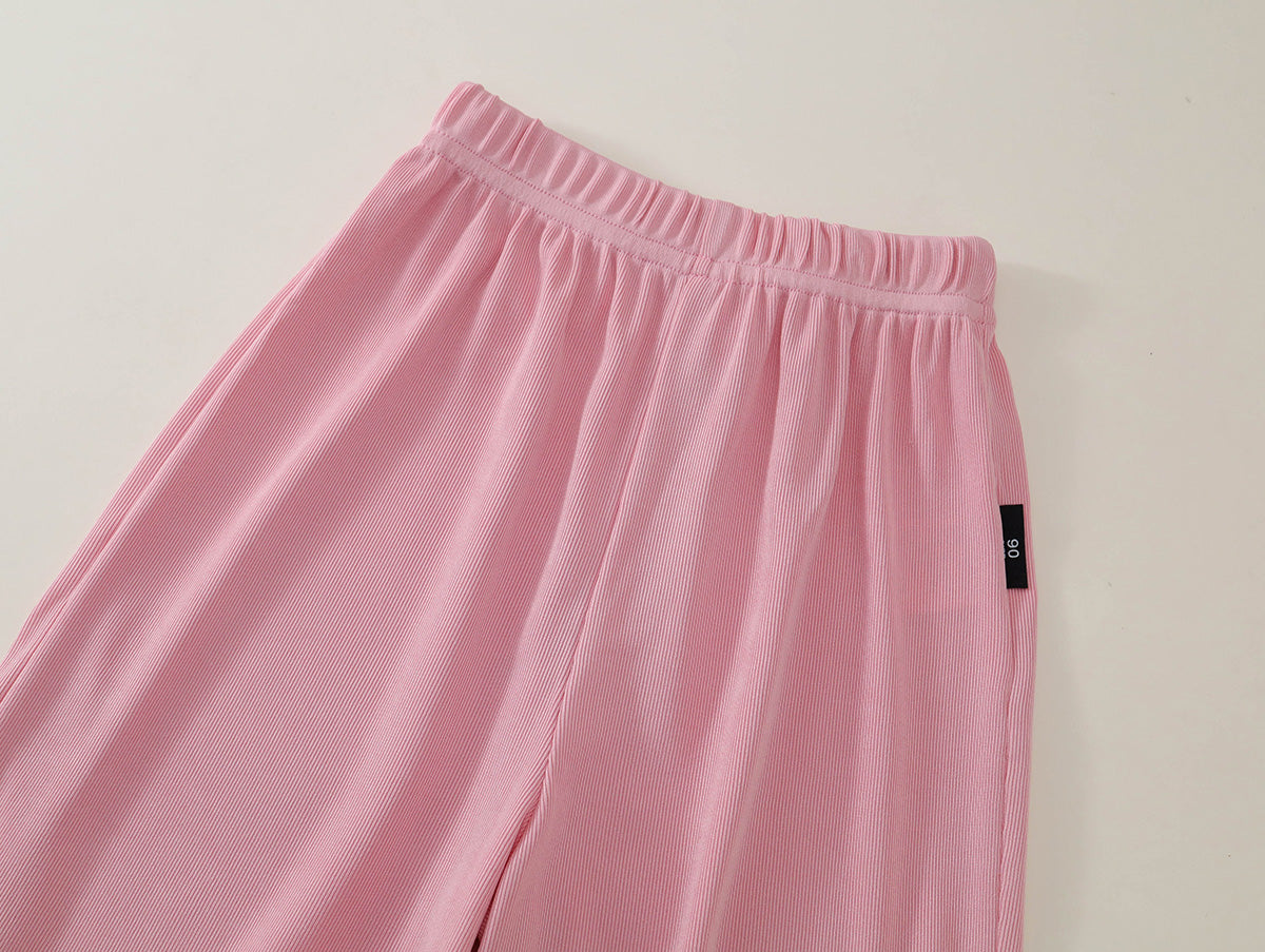Girls' Pink Bow & Lace Trim T-Shirt and Wide-Leg Pants Set-K6126166