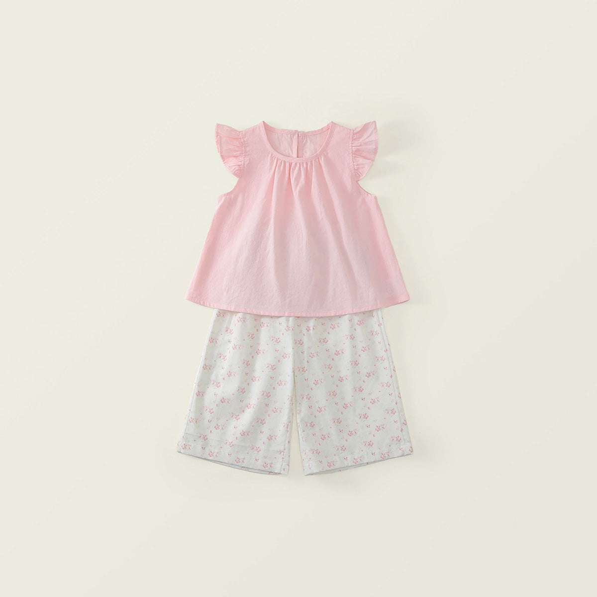 Girls' Pink Flutter-Sleeve Top & Floral Wide-Leg Pants Set-K6126146