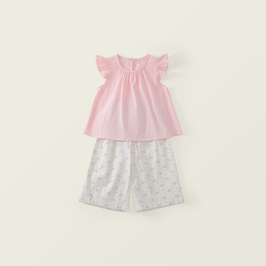 Girls' Pink Flutter-Sleeve Top & Floral Wide-Leg Pants Set-K6126146