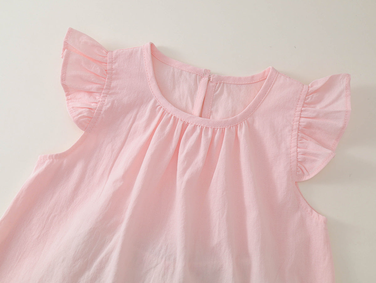 Girls' Pink Flutter-Sleeve Top & Floral Wide-Leg Pants Set-K6126146