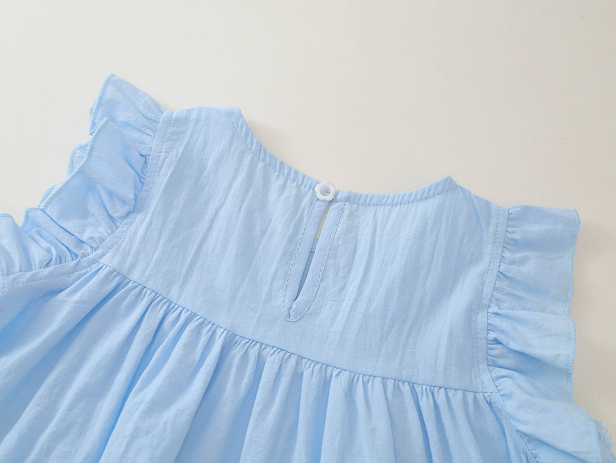 Girls' Blue Ruffle-Sleeve Top & White Pants Set-K6126160