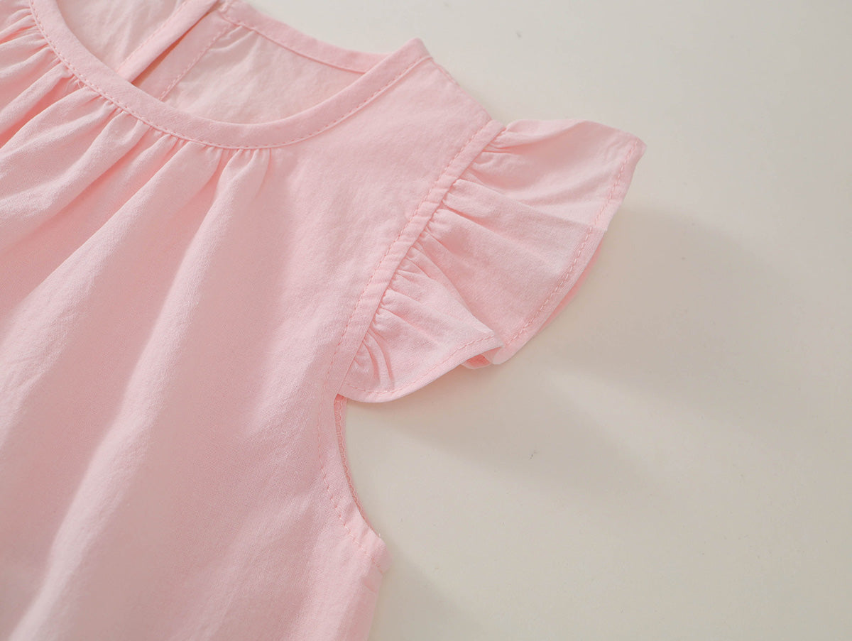 Girls' Pink Flutter-Sleeve Top & Floral Wide-Leg Pants Set-K6126146