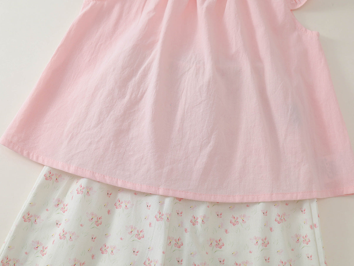 Girls' Pink Flutter-Sleeve Top & Floral Pants Set-K6126146
