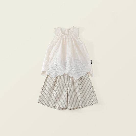 Girls' Lace Top & Striped Shorts Set -K6126043