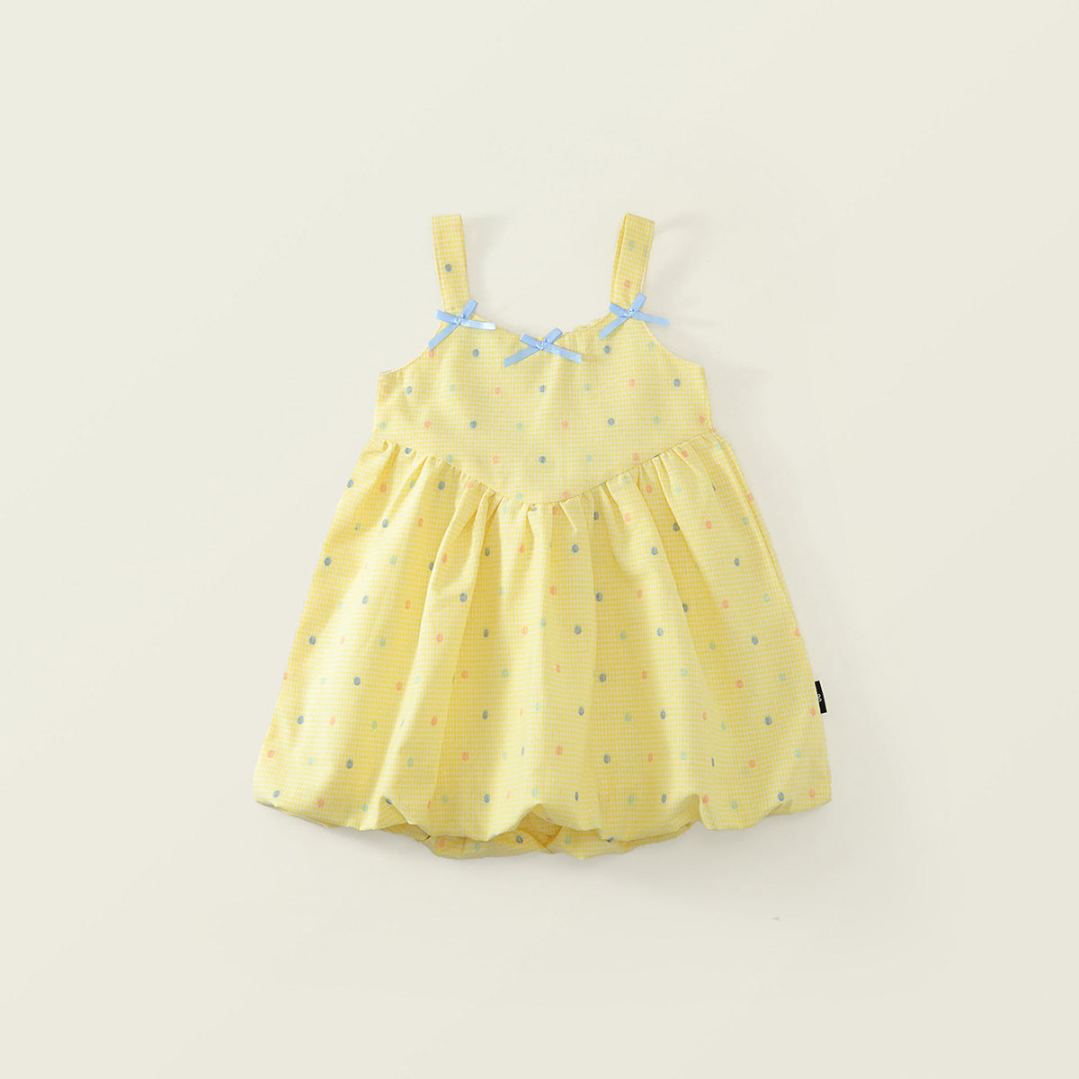 Girls' Yellow Gingham Polka Dot Dress with Bow Accents -K6126084