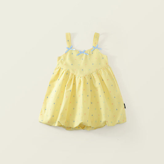 Girls' Yellow Gingham Polka Dot Dress with Bow Accents -K6126084