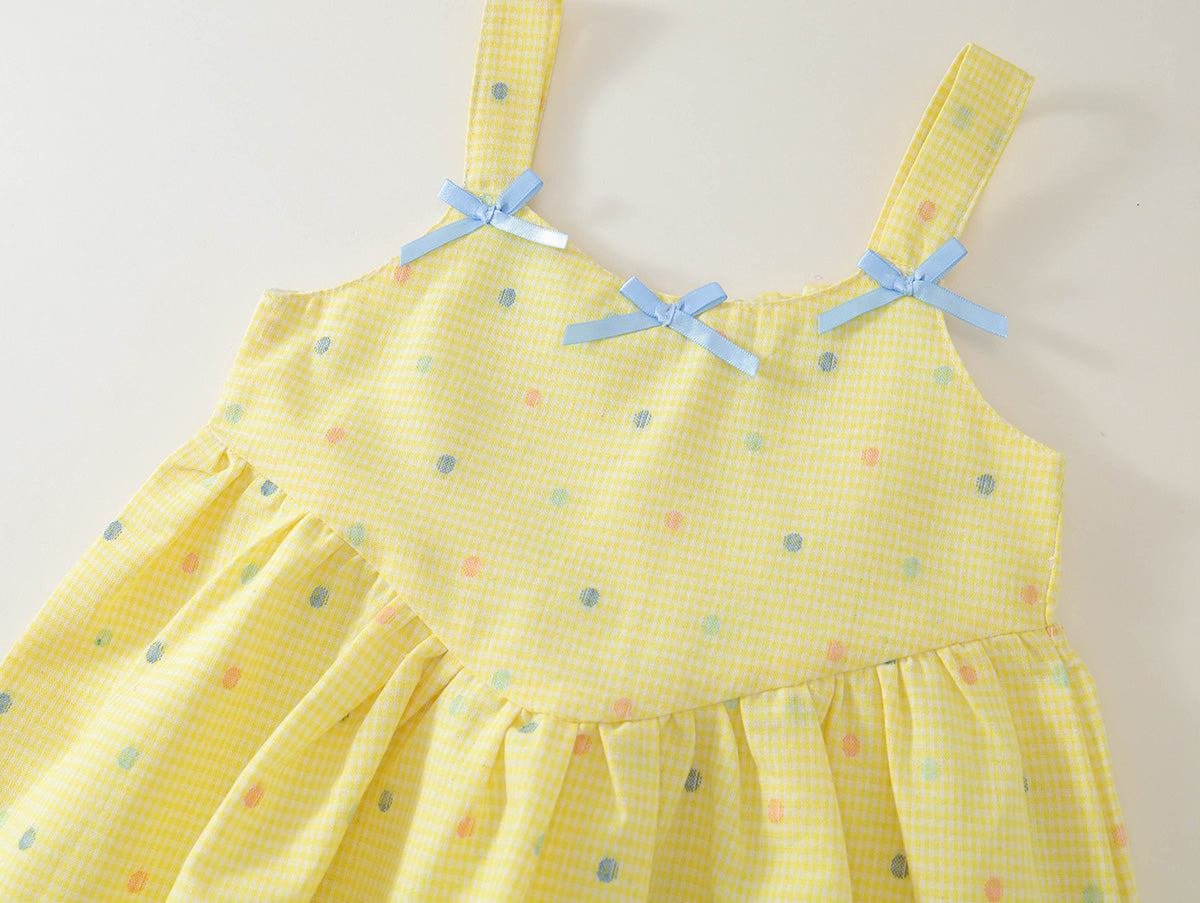 Girls' Yellow Gingham Polka Dot Dress with Bow Accents -K6126084
