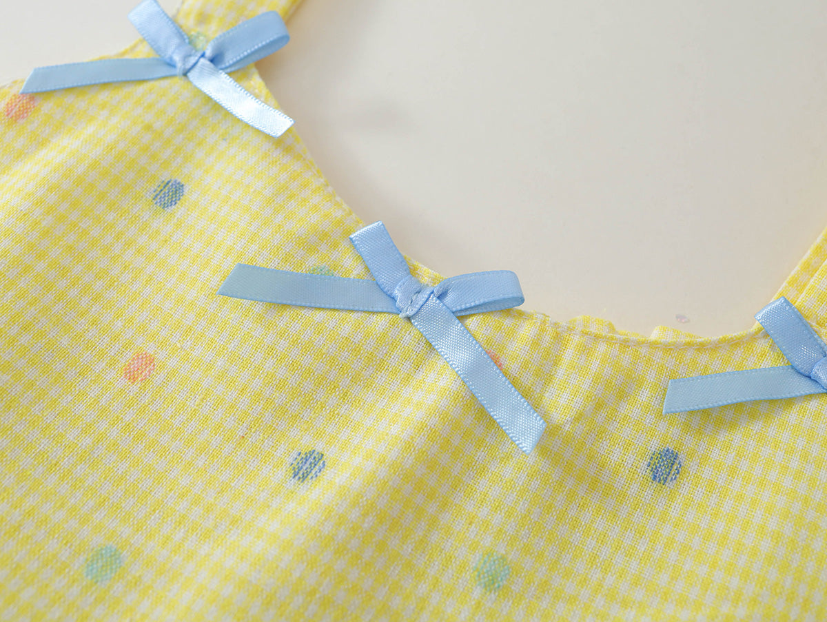 Girls' Yellow Gingham Polka Dot Dress with Bow Accents -K6126084