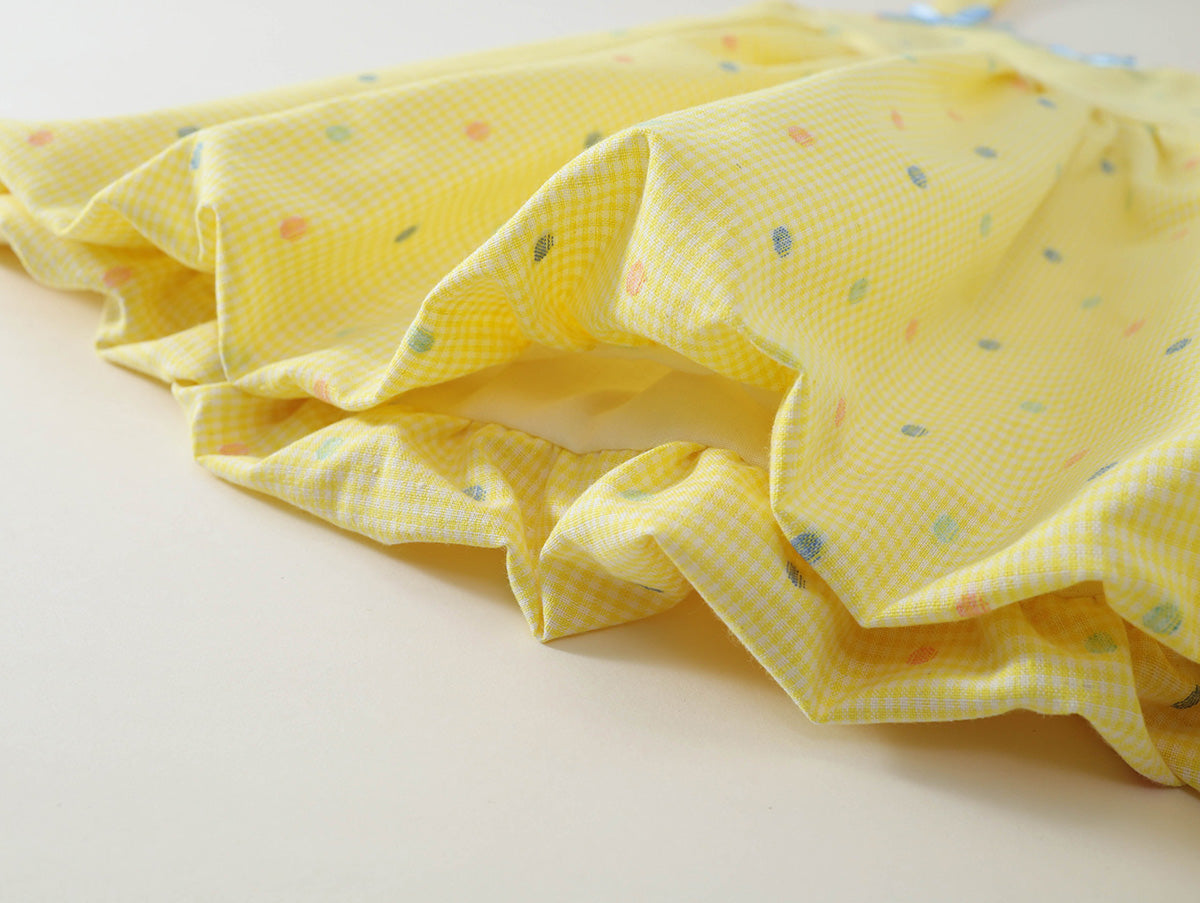 Girls' Yellow Gingham Polka Dot Dress with Bow Accents -K6126084
