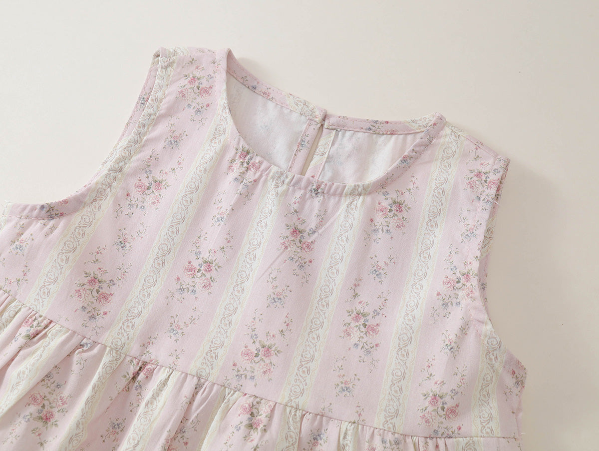 Girls' Pink Floral Sleeveless Top & White Lace-Trimmed Pants Set-K6126161