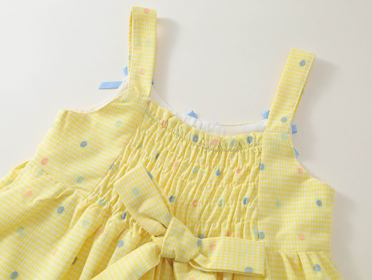 Girls' Yellow Gingham Polka Dot Dress with Bow Accents -K6126084