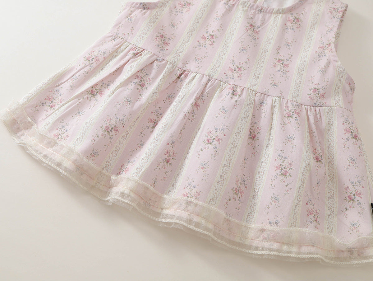 Girls' Pink Floral Sleeveless Top & White Lace-Trimmed Pants Set-K6126161