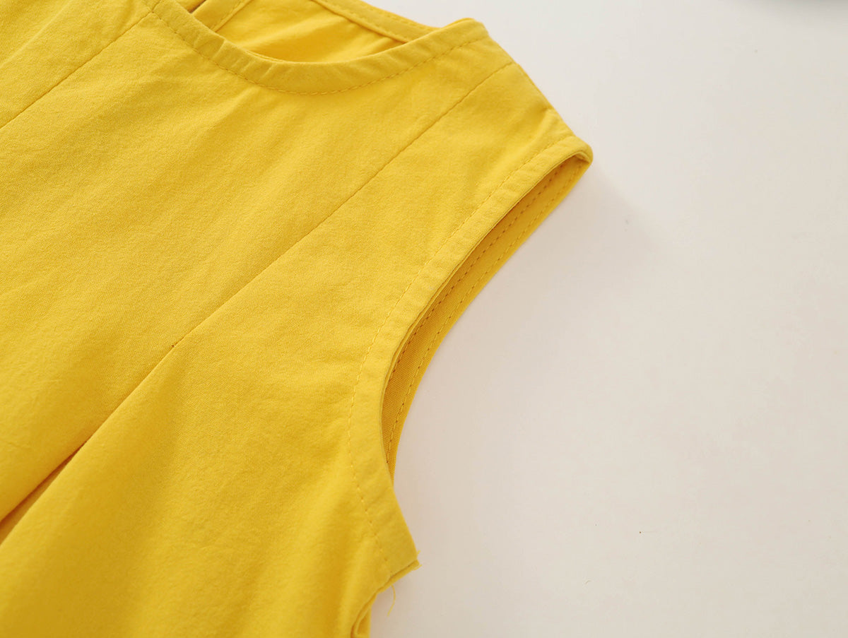 Girls' Yellow Sleeveless Top & Striped Pants Set with Matching Hat -K6126184