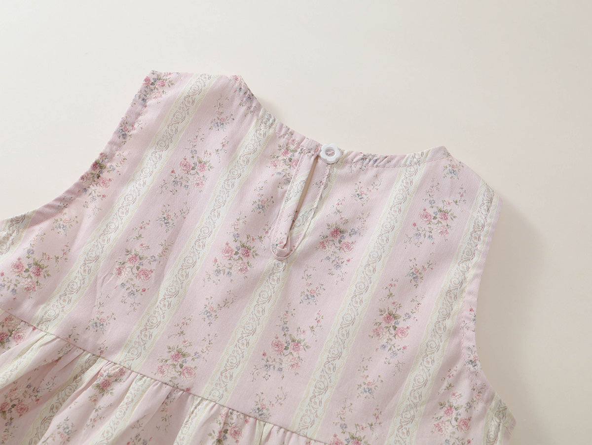 Girls' Pink Floral Sleeveless Top & White Lace-Trimmed Pants Set-K6126161