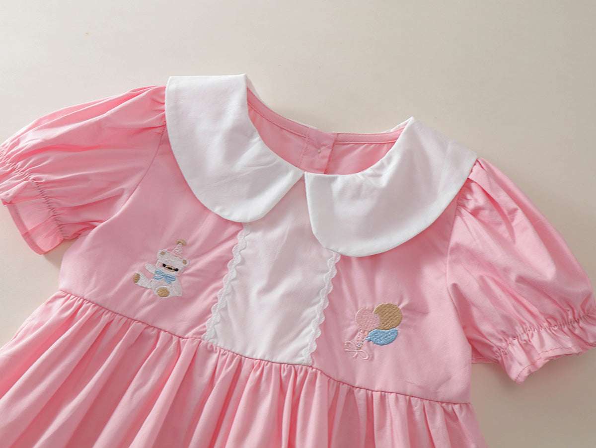 Girl's Cute Bear Embroidery Puff Sleeve Toddler Dress -K6126018