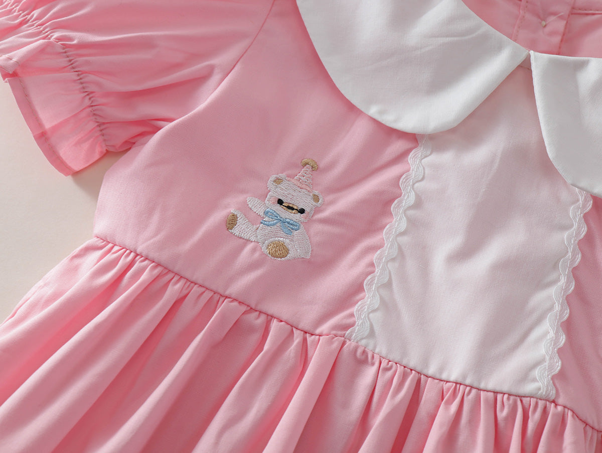 Girl's Cute Bear Embroidery Puff Sleeve Toddler Dress -K6126018