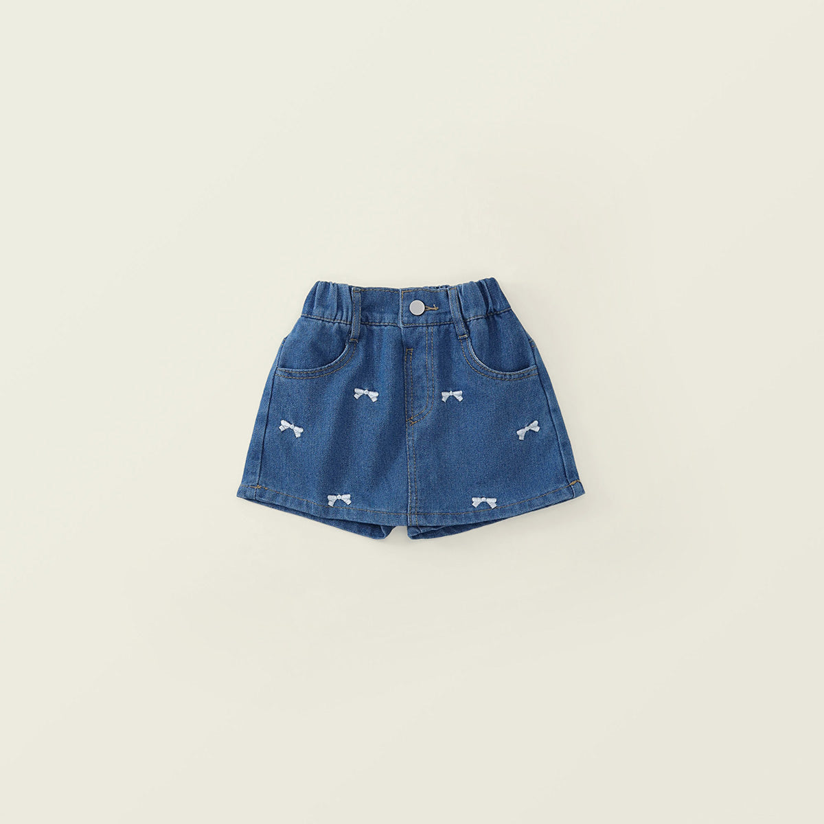 Girls' Bow-Embroidered Denim Skort with Elastic Waist -K6126178