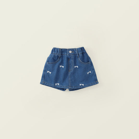 Girls' Bow-Embroidered Denim Skort with Elastic Waist -K6126178