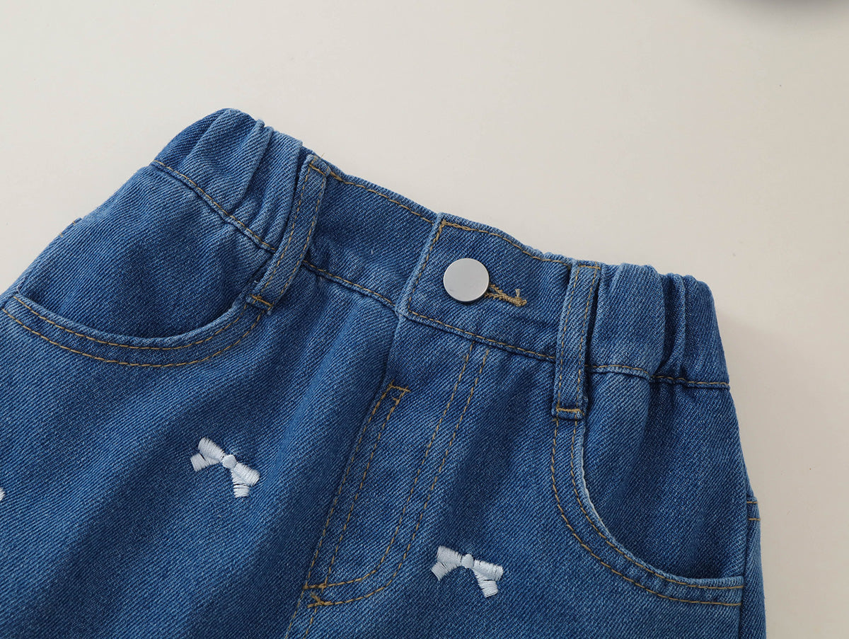 Girls' Bow-Embroidered Denim Skort with Elastic Waist -K6126178