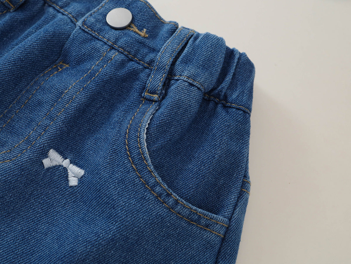 Girls' Bow-Embroidered Denim Skort with Elastic Waist -K6126178