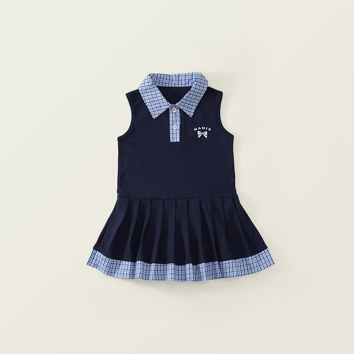 Girls' Navy Polo Dress with Plaid Collar & Hem -K6126076