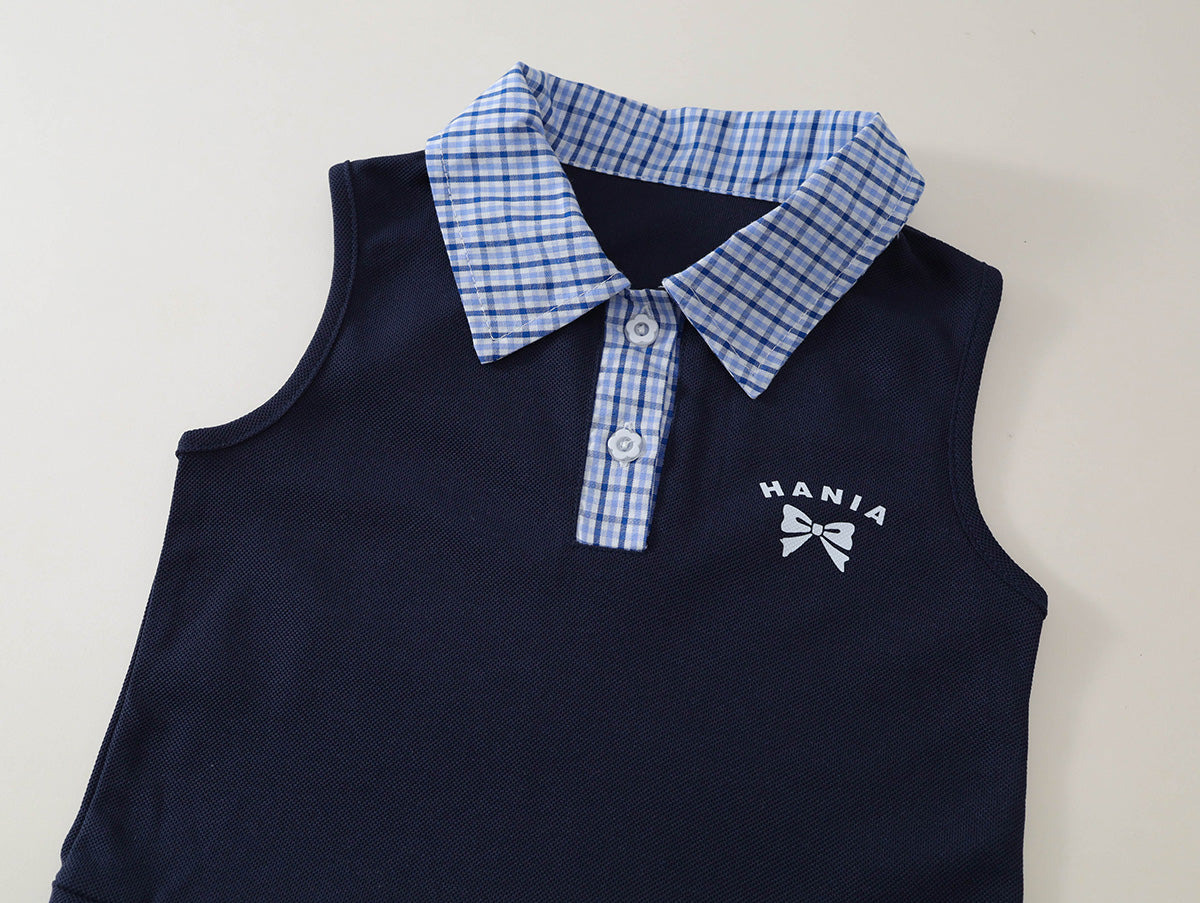 Girls' Navy Polo Dress with Plaid Collar & Hem -K6126076