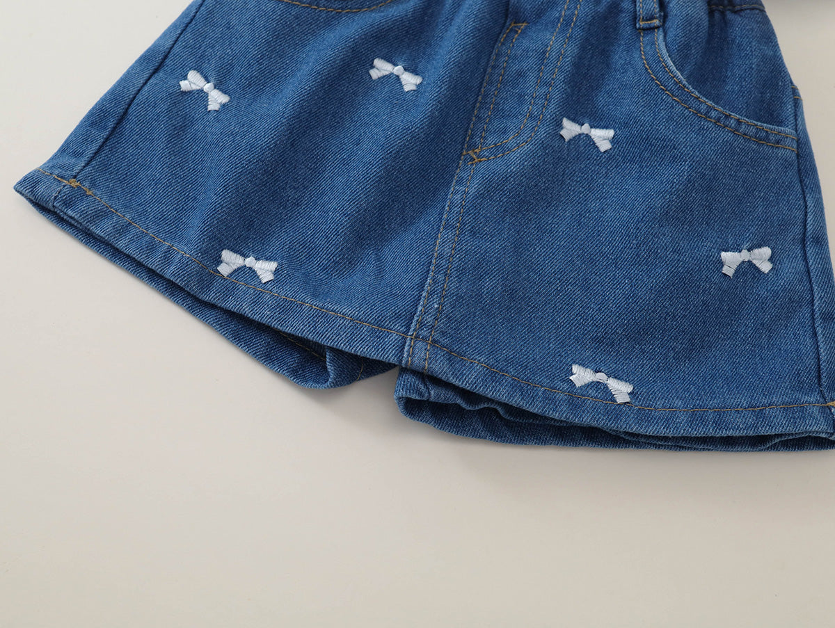 Girls' Bow-Embroidered Denim Skort with Elastic Waist -K6126178