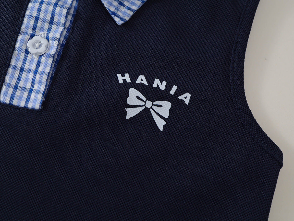 Girls' Navy Polo Dress with Plaid Collar & Hem -K6126076