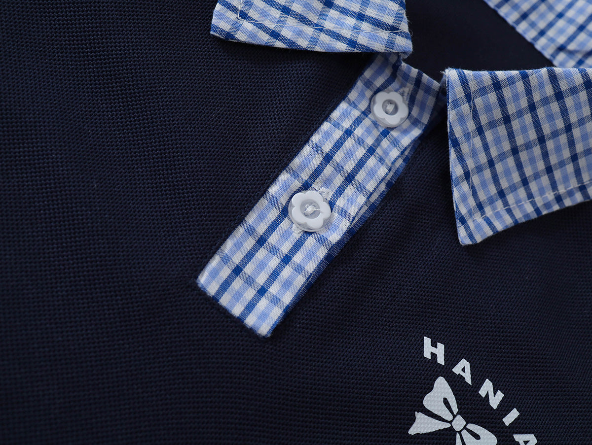 Girls' Navy Polo Dress with Plaid Collar & Hem -K6126076