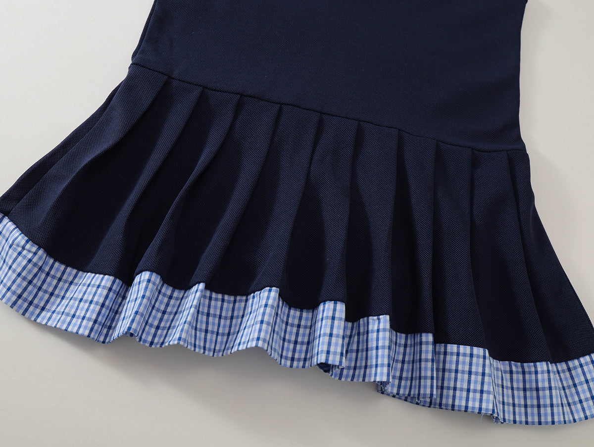 Girls' Navy Polo Dress with Plaid Collar & Hem -K6126076