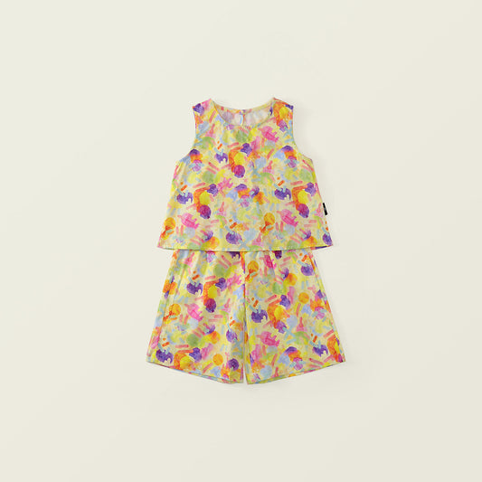 Girls' Colorful Abstract Print Sleeveless Top & Shorts Set-K6126136