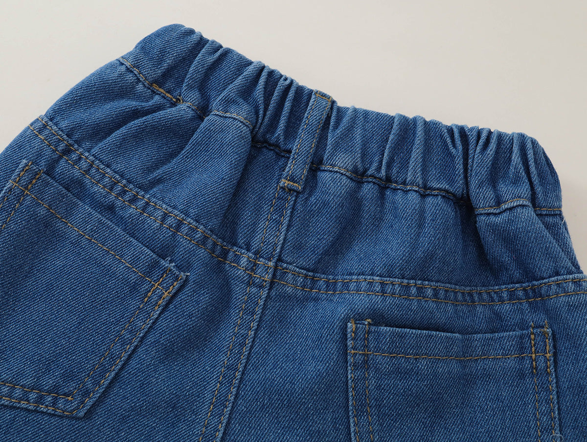 Girls' Bow-Embroidered Denim Skort with Elastic Waist -K6126178