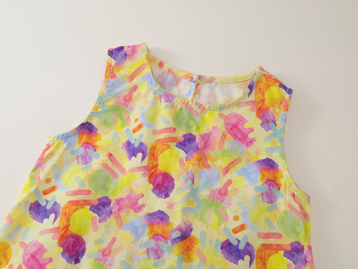 Girls' Colorful Abstract Print Sleeveless Top & Shorts Set-K6126136